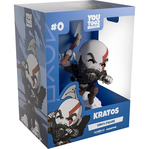 Youtooz God of War Ragnarok Kratos Vinyl Figure #0 in blue display box showing Kratos with axe and armour details