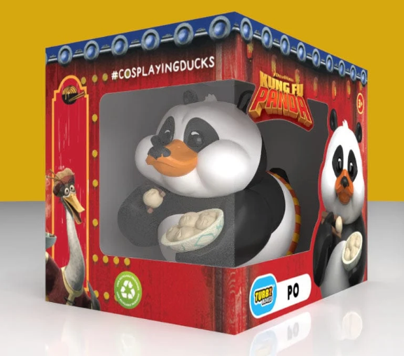 Kung Fu Panda Po TUBBZ collectible duck figure in display box showing Po in panda cosplay form - Numskull Designs