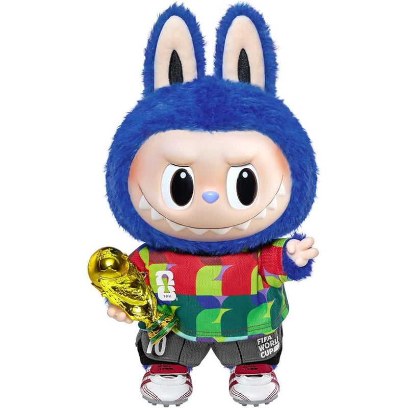 POP MART THE MONSTERS x FIFA Catch the Win Vinyl Plush Doll showing 38cm Labubu in blue hood and colorful soccer kit holding golden trophy
