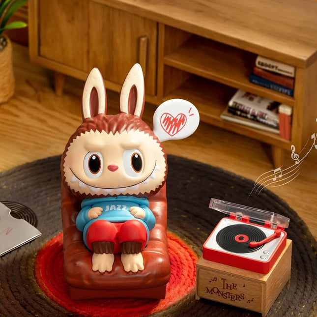 POP MART LABUBU Jazz Figure collectible showing LABUBU in red jazz outfit with vintage record player accessory
