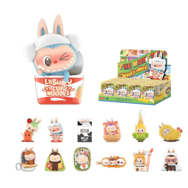 POP MART THE MONSTERS Wacky Mart Series Blind Box showing Labubu grocery-themed collectible figures and packaging