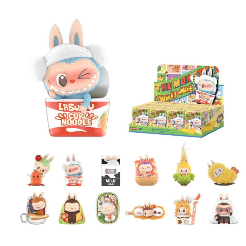 POP MART THE MONSTERS Wacky Mart Series Blind Box showing Labubu grocery-themed collectible figures and packaging
